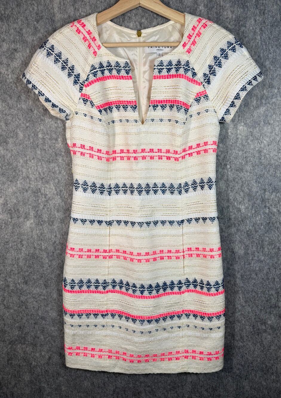 Trina Turk Angela Tweed Shift Dress Cap Sleeve Size 2 Lined Front Pocket